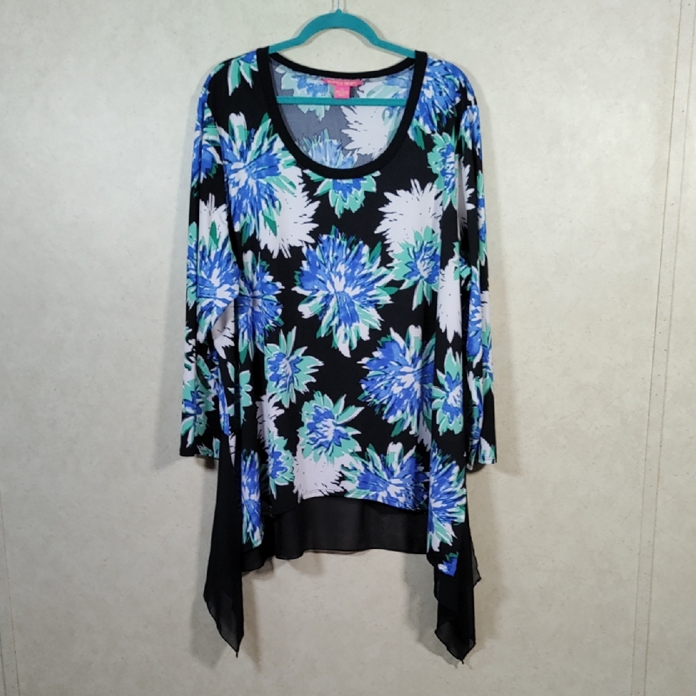 Sunny Leigh Black Floral Tunic with Blue, Teal, and White Blooms
